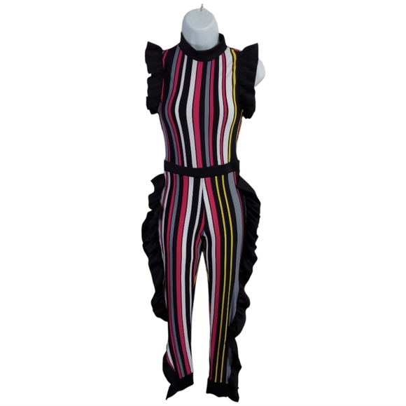 Monaco Womens Small Sleeveless Stripes Neck Ruffle High Waist Bodyocn Jumpsuits - Picture 2 of 15